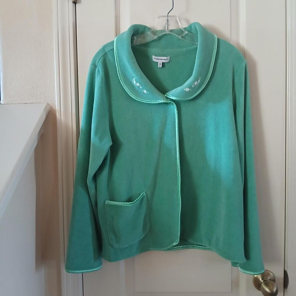 Cuddledown 100% Pima cotton terry cloth green embroidered floral cardigan retro